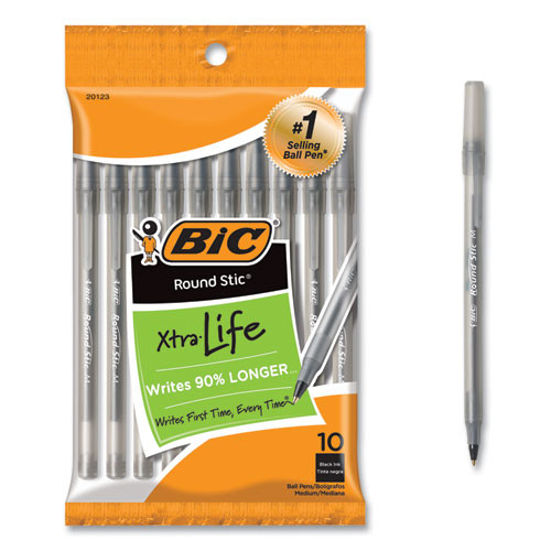 Round Stic Xtra Life Ballpoint Pen, Stick, Medium 1 Mm, Black Ink, Smoke Barrel, 10/pack
