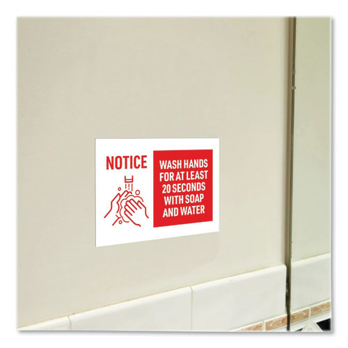 Preprinted Surface Safe Wall Decals, 10 X 7, Wash Hands For At Least 20 Seconds, White/red Face, Red Graphics, 5/pack
