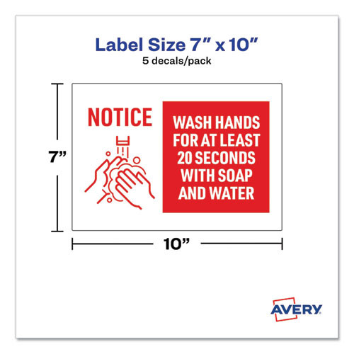 Preprinted Surface Safe Wall Decals, 10 X 7, Wash Hands For At Least 20 Seconds, White/red Face, Red Graphics, 5/pack