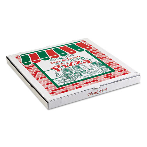 Corrugated Pizza Boxes, Storefront, 12 X 12 X 1.75, Brown/red/green, 50/carton Corrugated Pizza Boxes, Storefront, 12 X 12 X 1.75, Brown/red/green, 50/carton