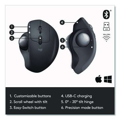 Mx Ergo Plus Advanced Wireless Trackball Mouse, 2.4 Ghz Frequency/33 Ft Wireless Range, Right Hand Use, Black Mx Ergo Plus Advanced Wireless Trackball Mouse, 2.4 Ghz Frequency/33 Ft Wireless Range, Right Hand Use, Black