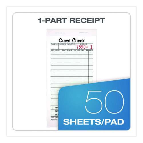 One-part Guest Check Pad With Perforated Stub, One-part (no Copies), 3.4 X 6.25, 50 Forms/pad, 10 Pads/pack One-part Guest Check Pad With Perforated Stub, One-part (no Copies), 3.4 X 6.25, 50 Forms/pad, 10 Pads/pack