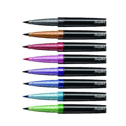 Bodymark Temporary Tattoo Markers, Fine Brush Tip, Assorted Colors, 8/pack