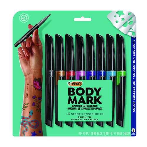 Bodymark Temporary Tattoo Markers, Fine Brush Tip, Assorted Colors, 8/pack