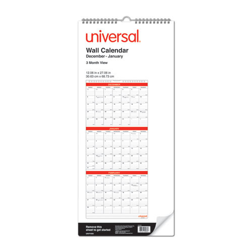 Three-month Wall Calendar, 12 X 27, White/red Sheets, 14-month: Dec 2025 To Jan 2027 Three-month Wall Calendar, 12 X 27, White/red Sheets, 14-month: Dec 2025 To Jan 2027