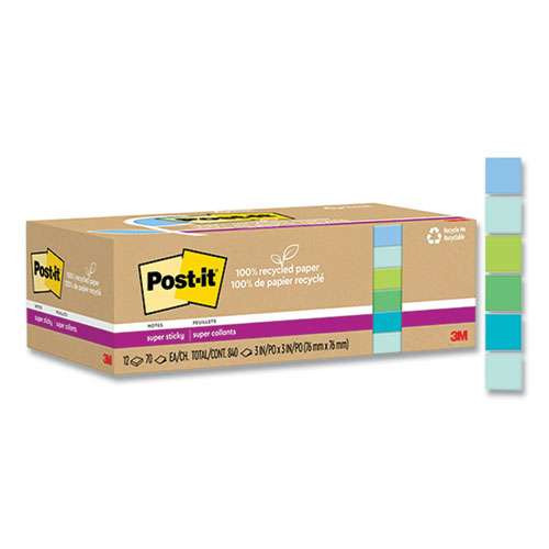 100% Recycled Paper Super Sticky Notes, Unruled, 3" X 3", Assorted Oasis Colors, 70 Sheets/pad, 12 Pads/pack 100% Recycled Paper Super Sticky Notes, Unruled, 3" X 3", Assorted Oasis Colors, 70 Sheets/pad, 12 Pads/pack