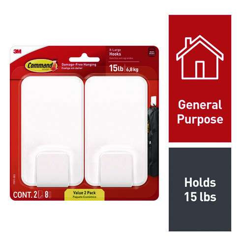 X-large Utility Hooks, Plastic, White, 15 Lb Capacity, 2 Hooks And 8 Strips/pack X-large Utility Hooks, Plastic, White, 15 Lb Capacity, 2 Hooks And 8 Strips/pack