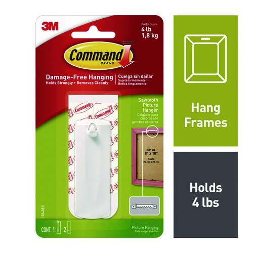 Sawtooth Picture Hanger, One Hanger, Two Strips, White, Supports 4 Lbs Sawtooth Picture Hanger, One Hanger, Two Strips, White, Supports 4 Lbs