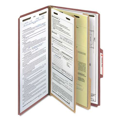 100% Recycled Pressboard Classification Folders, 2 Dividers, Legal Size, Red, 10/box