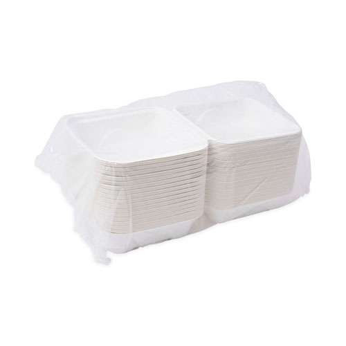 Renewable And Compostable Sugarcane Clamshells, 6 X 6 X 3, White, 50/pack, 10 Packs/carton