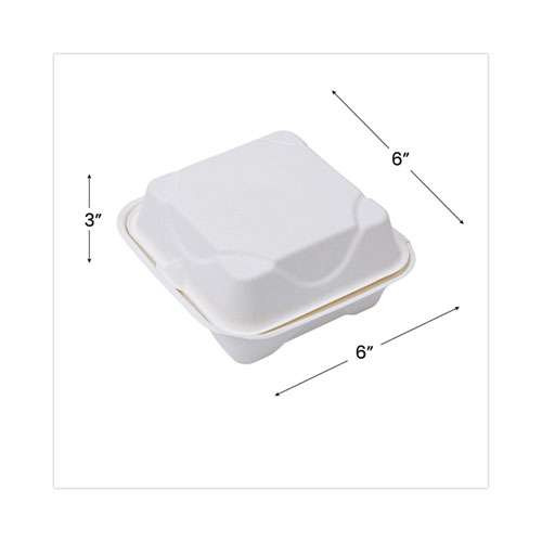Renewable And Compostable Sugarcane Clamshells, 6 X 6 X 3, White, 50/pack, 10 Packs/carton
