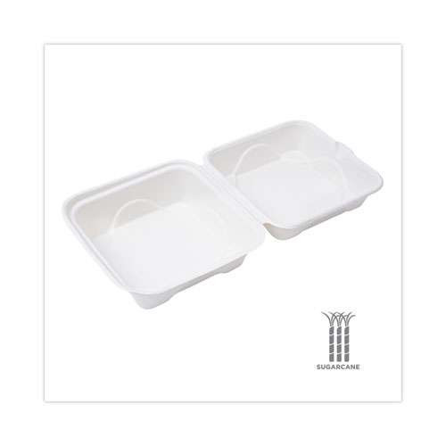Renewable And Compostable Sugarcane Clamshells, 6 X 6 X 3, White, 50/pack, 10 Packs/carton