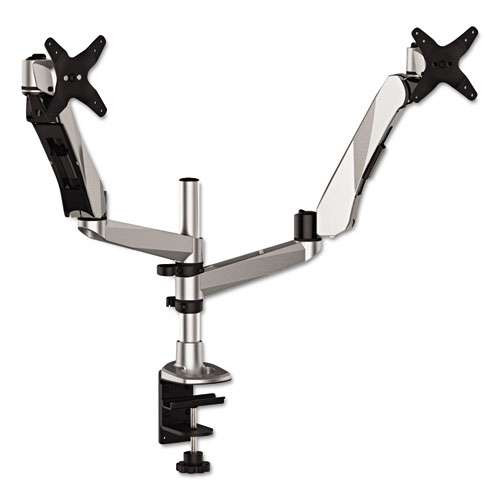 Easy-adjust Desk Dual Arm Mount For 27" Monitors, 360 Deg Rotation, +90/-15 Deg Tilt, 360 Deg Pan, Silver, Supports 20 Lb