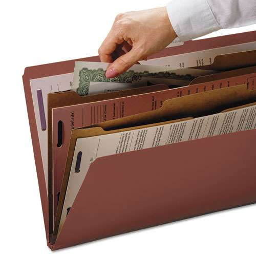 6-section Pressboard Top Tab Pocket-style Classification Folders With Safeshield Fasteners, 2 Dividers, Legal, Red, 10/box