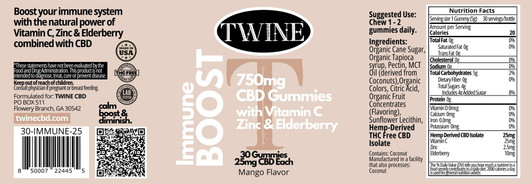 750mg CBD Immune Boost Gummies w/ Vitamin C, Zinc, & Elderberry and THC Free 30pcs-Mango Flavor