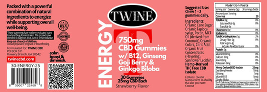 750mg CBD Energy Gummies w/ B12, Ginseng, Goji Berry, Gingko Biloba, and THC Free-30pcs-Strawberry Flavor