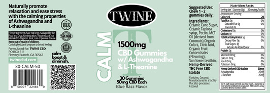 1500mg CBD Calm Gummies w/ Ashwagandha, L-Theanine, and THC Free 30pcs-Blue Razz Flavor