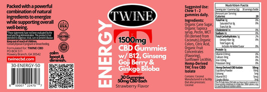 1500mg CBD Energy Gummies w/ B12, Ginseng, Goji Berry, Gingko Biloba, and THC Free-30pcs-Strawberry Flavor
