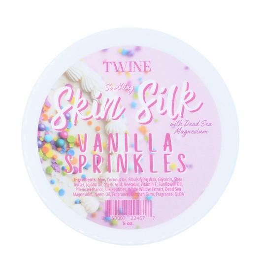 Luxurious, Moisturizing Skin Silk body butter infused with Dead Sea Magnesium and Silk Peptides for deep hydration and youthful skin. Features rich, creamy vanilla sprinkles aroma. Made with natural ingredients like aloe, shea butter, and jojoba oil for a silky-smooth feel.