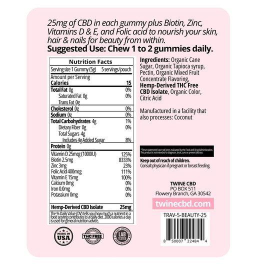 CBD Beauty Gummies 5 count Trial or Travel Size w/ Biotin, Zinc, Vitamins D & E, Folic Acid and 99% Pure Organic CBD Isolate THC Free-Passion Fruit Flavor