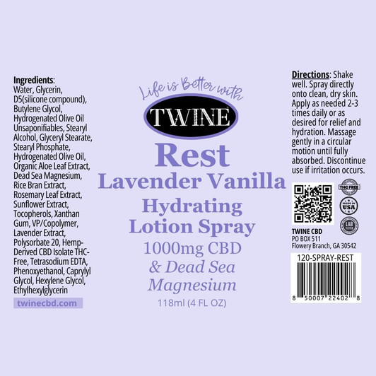 1000mg CBD Topical Body Spray with Magnesium 99% Pure Organic CBD Isolate THC Free 120ml-Rest Lavender Vanilla