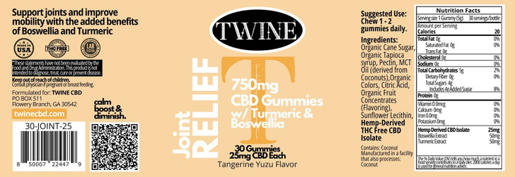 750mg CBD Joint Relief Gummies w/ Turmeric, Boswellia, and THC Free 30pcs-Tangerine Yuzu Flavor