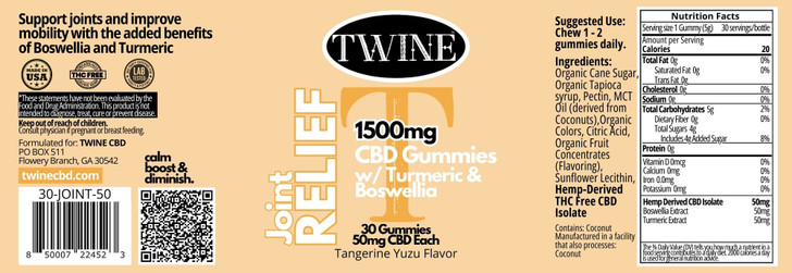 1500mg CBD Joint Relief Gummies w/ Turmeric, Boswellia, and THC Free 30pcs-Tangerine Yuzu Flavor