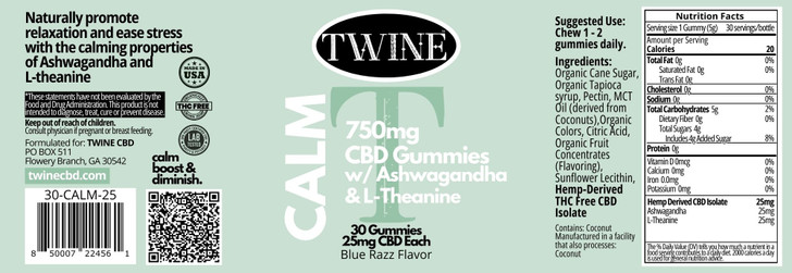 750mg CBD Calm Gummies w/ Ashwagandha, L-Theanine, and THC Free 30pcs-Blue Razz Flavor