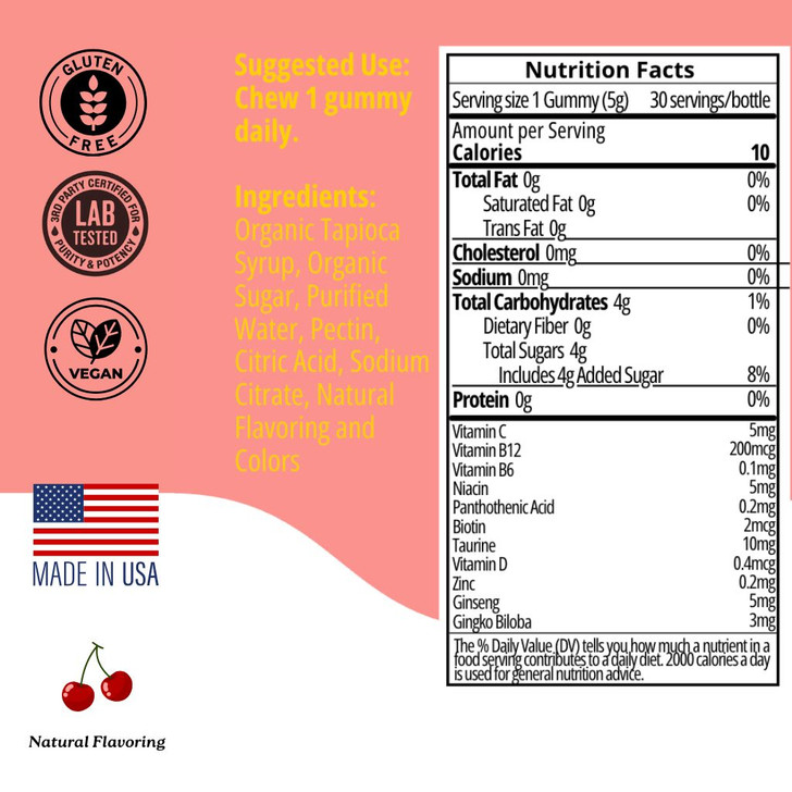 Energy Gummies with Vitamin B12, Ginseng & Ginkgo Biloba – Includes Biotin, Niacin, Taurine, Zinc, Pantothenic Acid, Vitamin C, D & B6 – 30 Count