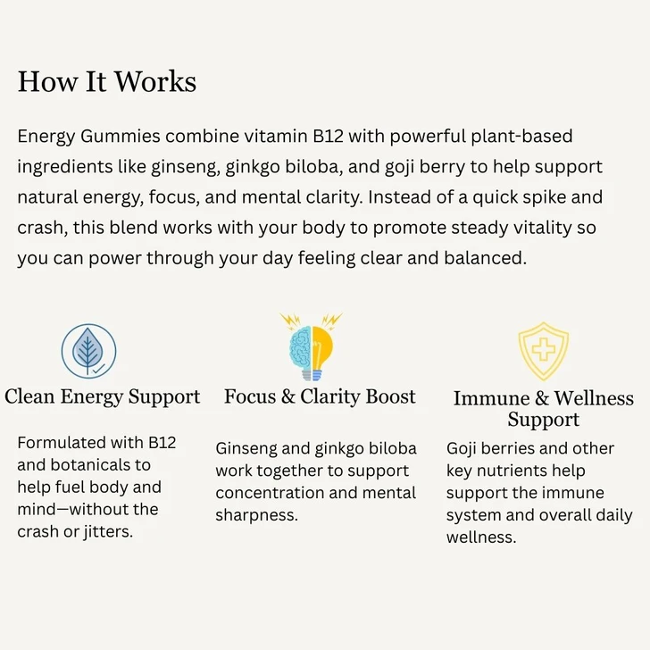 Energy Gummies with Vitamin B12, Ginseng & Ginkgo Biloba – Includes Biotin, Niacin, Taurine, Zinc, Pantothenic Acid, Vitamin C, D & B6 – 30 Count
