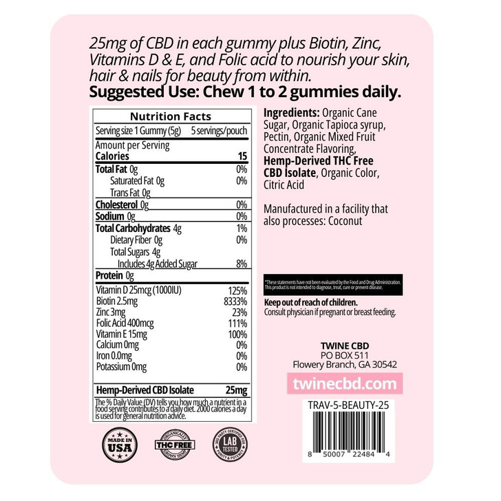 CBD Beauty Gummies 10 count Trial or Travel Size w/ Biotin, Zinc, Vitamins D & E, Folic Acid and 99% Pure Organic CBD Isolate THC Free-Passion Fruit Flavor
