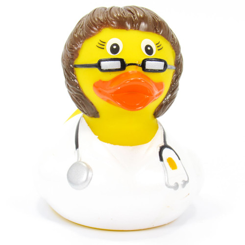 Female Doctor (Brown) Rubber Duck with glasses, stethoscope, and white coat | Ducks in the Window®