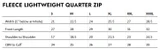 AirCorps Aviation Fleece Lightweight Quarter Zip Size Chart