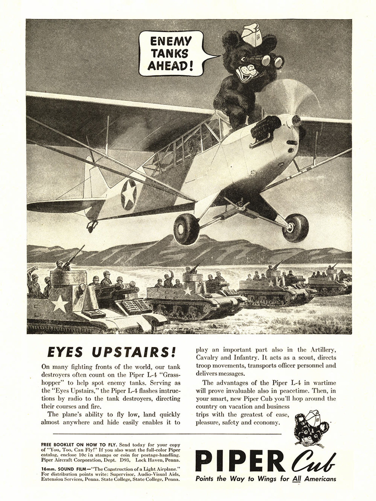 Piper Cub Enemy Tanks Ahead! Vintage Military Aircraft Airplane Poster  Advertisement Reproduction 24x18