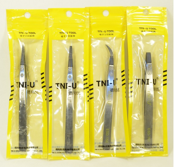 TNI-U® 4-PC Stainless Steel / Polymer Tip ESD Precision Sharp / Blunt / Curved Tweezer Set