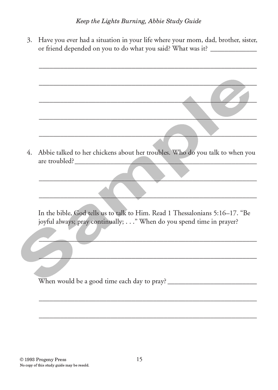 Keep The Lights Burning Abbie Study Guide Progeny Press Literature
