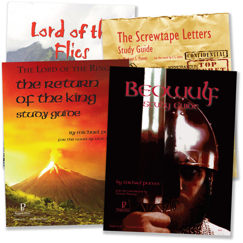 Progeny Press study guides on Lord of the Flies, The Screwtape Letters, The Lord of the Rings: The Return of the King, and Beowulf. Unit studies cover vocabulary, comprehension, analysis, literary terminology, and biblical application.