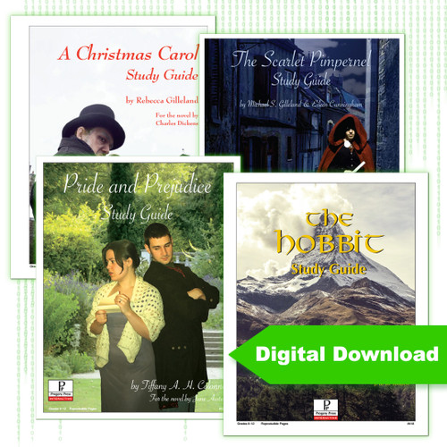 Progeny Press' English/Language Arts British Literature curriculum. Christmas Carol, Scarlet Pimpernel, Pride and Prejudice, and The Hobbit, recommended for 9th grade.