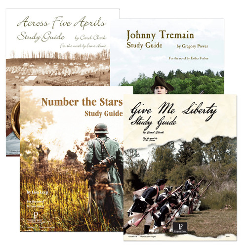 Four Christian literature ELA study guides from Progeny Press: Across Five Aprils, Johnny Tremain, Number the Stars, and Give Me Liberty, featuring historical themes of war.