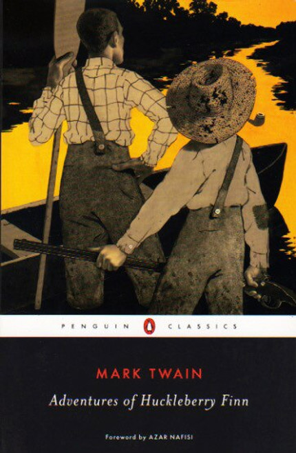 The Adventures of Huckleberry Finn by Mark Twain, Book, novel cover art.