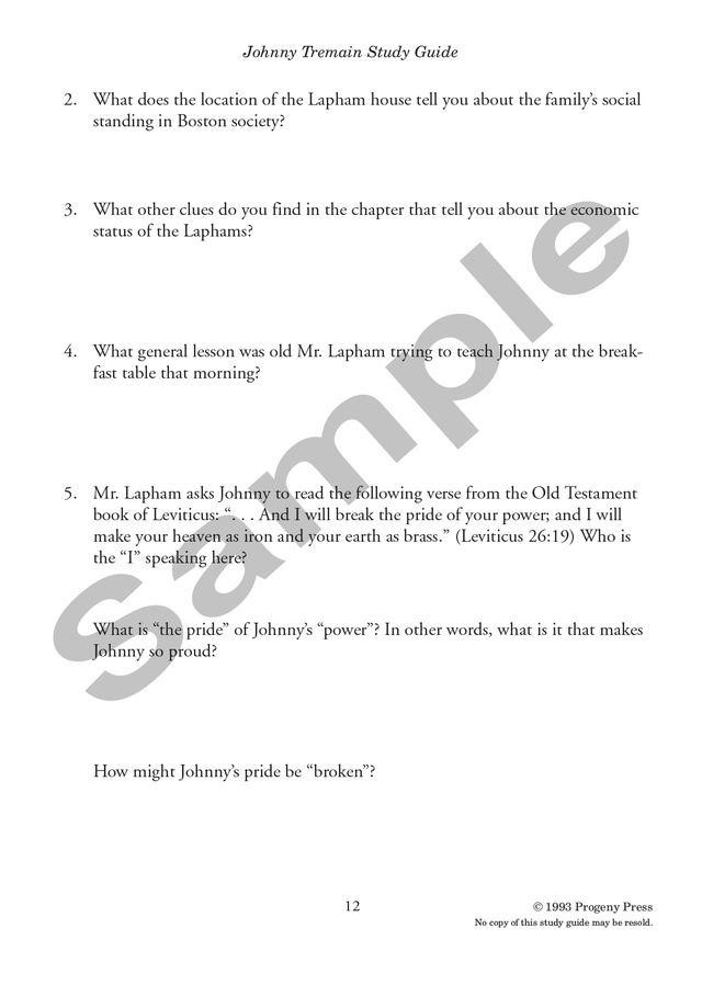 Johnny Tremain PDF Download Study Guide | Progeny Press Literature ...