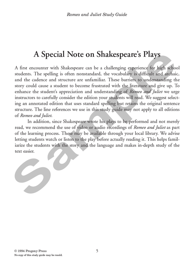 Romeo and Juliet PDF Download Study Guide | Progeny Press Literature ...