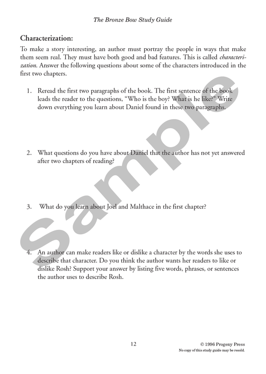 The Bronze Bow Study Guide Progeny Press Literature Curriculum