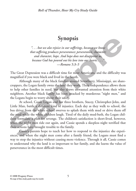 Roll Of Thunder Hear My Cry Study Guide Progeny Press Literature Curriculum