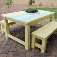 Outdoor Striped Table and Benches