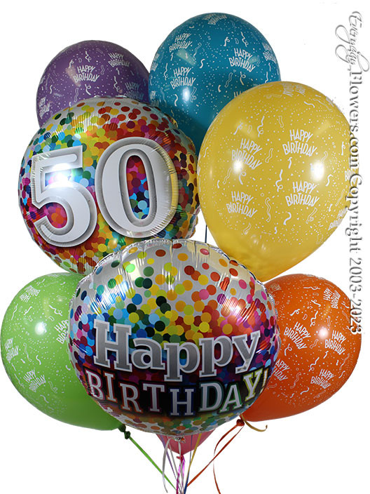 50th birthday balloon bouquet filled with helium and available for delivery by Everyday Flowers