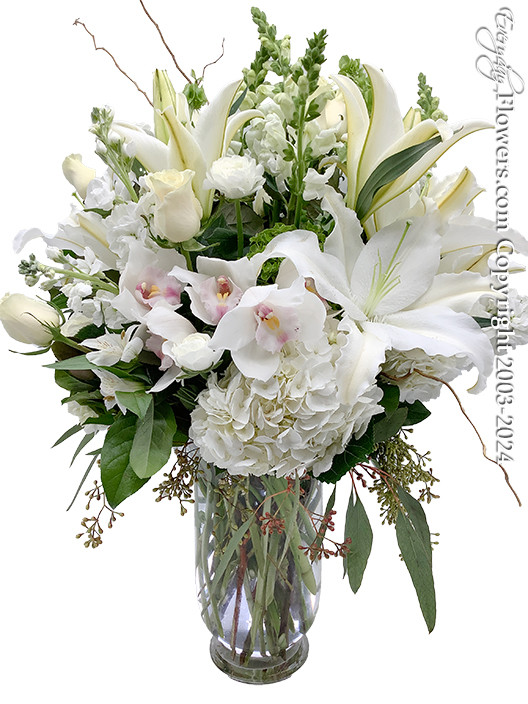 White Hydrangea, Fragrant White Lilies, White Roses, White Alstromeria, White Orchids, White Lisianthus, White Snap Dragons