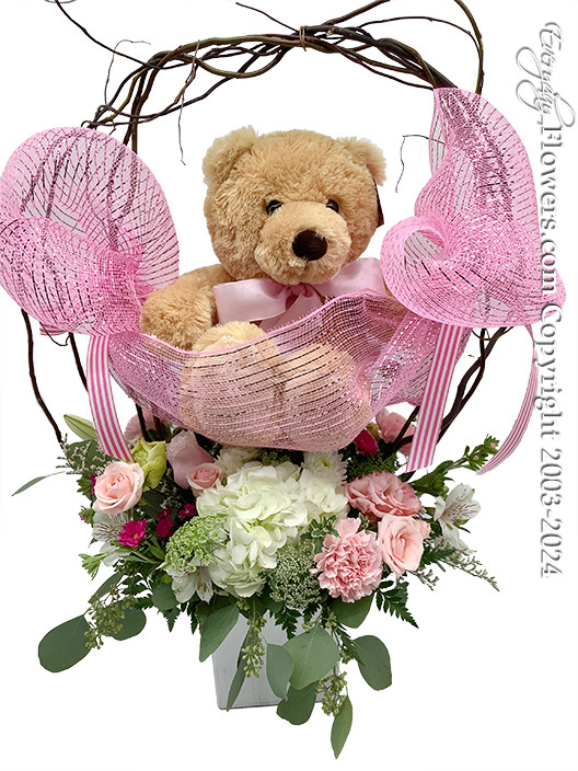 New Baby Girl Flowers - Pink & White flower bouquet with your choice of stuffed animal that is hang between curly willow cradling the stuffed animal.