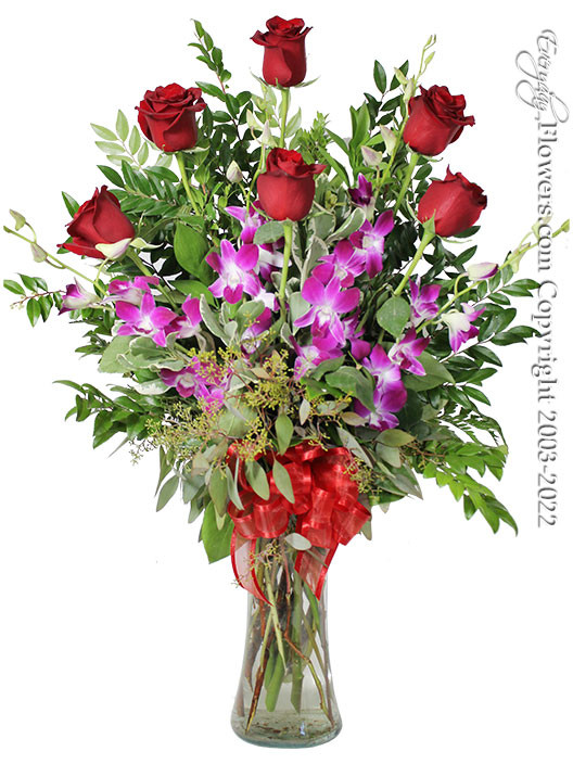 Six long stem red roses and purple orchids in a vase - Everyday Flower.com