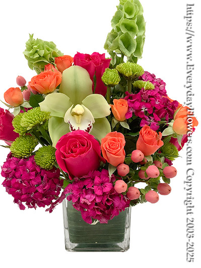 Green and Pink flower bouquet with hints of orange using Cymbidium Orchids, Hot Pink Roses, Green Chrysanthemum Buttons, Bells of Ireland and Orange Spray roses designed in a glass cube vase. Delivery by Everyday Flower Orange County Florist